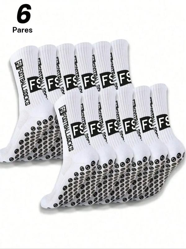 1/3/6 pares de calcetines de fútbol para hombre, hasta la pantorrilla, con agarre Deportivo antideslizante: blanco y negro con el texto "FS", diseño en bloques de color + puntos de silicona, paneles de malla transpirables
