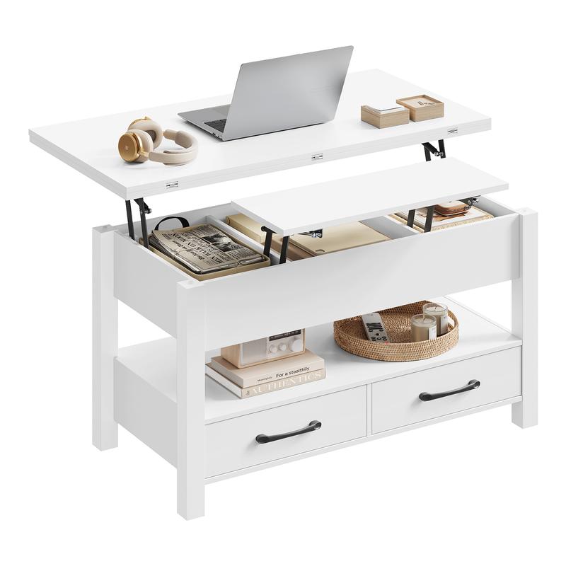 【2 paquetes】WOLTU Mesa de Centro Elevable, Mesita Salon con Espacio Oculto, Zona Abierta y 2 Cajones, Mesa Salón Elevador y Extensible, Multifuncional para Sala y Estudio, 100x50,5/100x53/66 cm, Marrón Rústico/Marrón Camel/Blanco