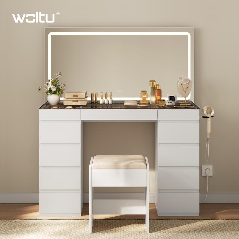 [2 paquetes] WOLTU Tocador Maquillaje con Encimera Vidrio, Mesa Tocador con Espejo y Luz LED Ajustable en 3 Colores, 11 Cajones, Bandejas de Joyas, Estación de Carga y 1 Soporte de Secador, para Dormitorio, Blanco