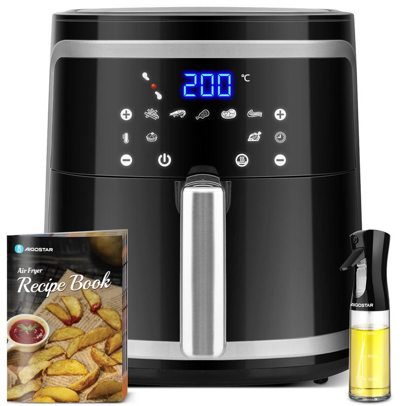 AIGOSTAR Freidora de aire XXL, 7L Air fryer | 1900W Potencia | Libro de recetas incluido, panel LED táctil. Doble uso: con cesta o cajón. 7 funciones preestablecidas + mantener caliente, Sin BPA | Negro Cube