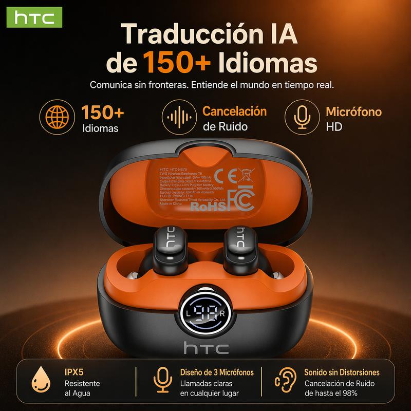 Auriculares Bluetooth Inalámbricos HTC NE79 con Traducción Multilingüe, IPX5 Resistentes al Agua, Diseño Mini Invisibles con Vástago Corto, Ideal para Trabajo, Deporte y Dormir