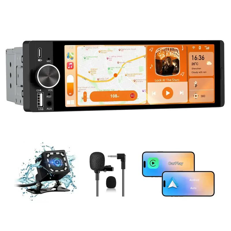 AWESAFE radio autorizada CarPlay 1 DIN 6,36" | CarPlay y Android Auto inalámbricos | cámara de marcha atrás