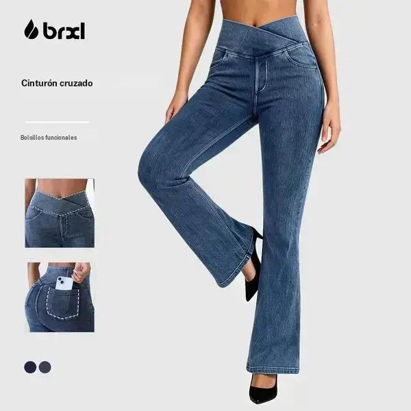 BRXL Jeans Vaqueros Elásticos de Cintura Alta con Diseño Cruzado para Mujer Estilo Flare y Corte Bootcut con Bolsillos Funcionales #Streetwear #Tiktokshopspringglowup #Conjuntos Veraniegos Bonitos #Vibras de Ver