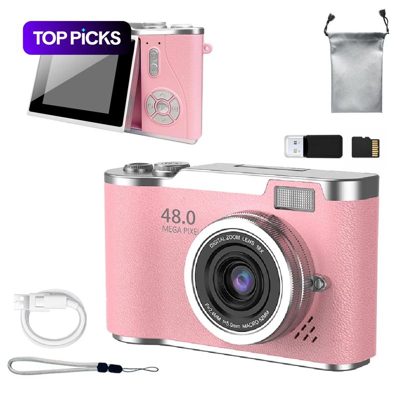 Cámara para estudiantes con pantalla plegable, cámara retro con sensor CCD, cámara digital para principiantes con juegos y filtros, incluye estuche y tarjeta de memoria, cámara con zoom digital