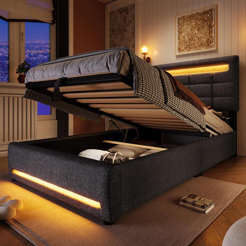 Cama acolchada, 90 x 200 cm, con espacio de almacenaje y control remoto por app, con luces LED, cama individual con almacenaje hidráulico, sin colchón, con puerto USB, lino, gris, sin colchón