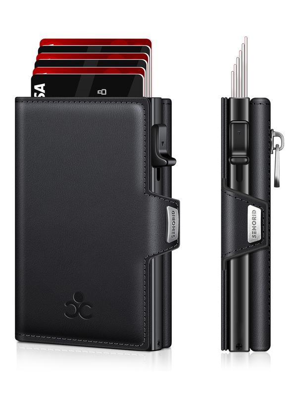Cartera de aluminio para hombre, diseño empresarial con bloqueo RFID, ranuras para tarjetas, ventana para identificación, compartimento para efectivo y bolsillo para monedas con cremallera, regalo de Navidad para papá o novio