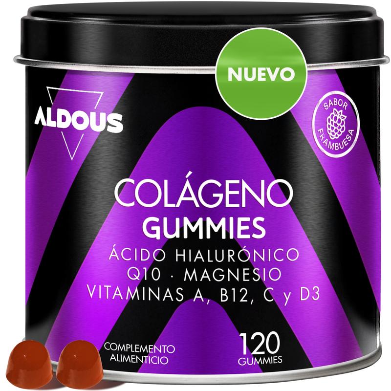 Colágeno con Magnesio y Ácido Hialurónico - 120 Gominolas - Con Q10 y Vitamina C, B12, D3, A - Aldous