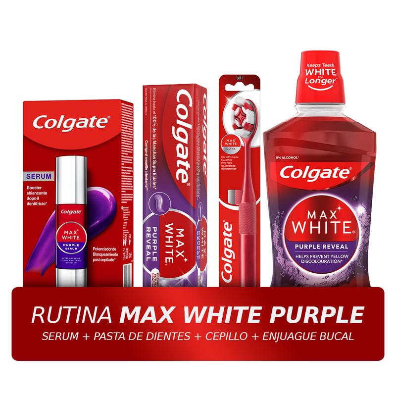 Colgate Max White Pack Purple Complete: Max White Purple Sérum + Dentífrico Max White Purple Reveal + Cepillo Max White Ultra + Enjuague Bucal Max White Purple Reveal + REGALO Pasta de Dientes Formato Viaje