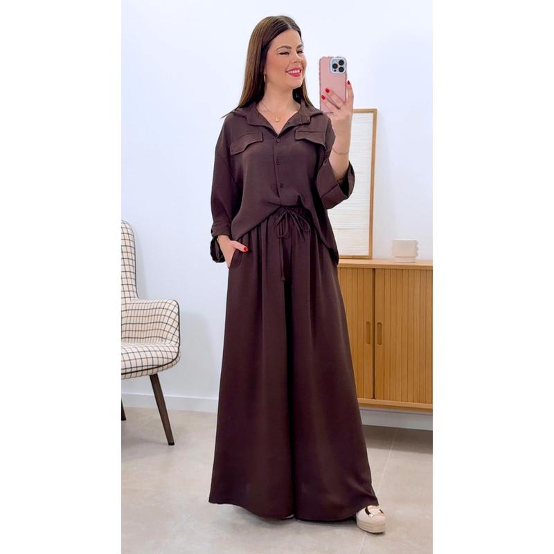 Conjunto Camisa + Pantalón Ancho Liso en 100% Poliéster Talla Única para Looks Modernos y Relajados