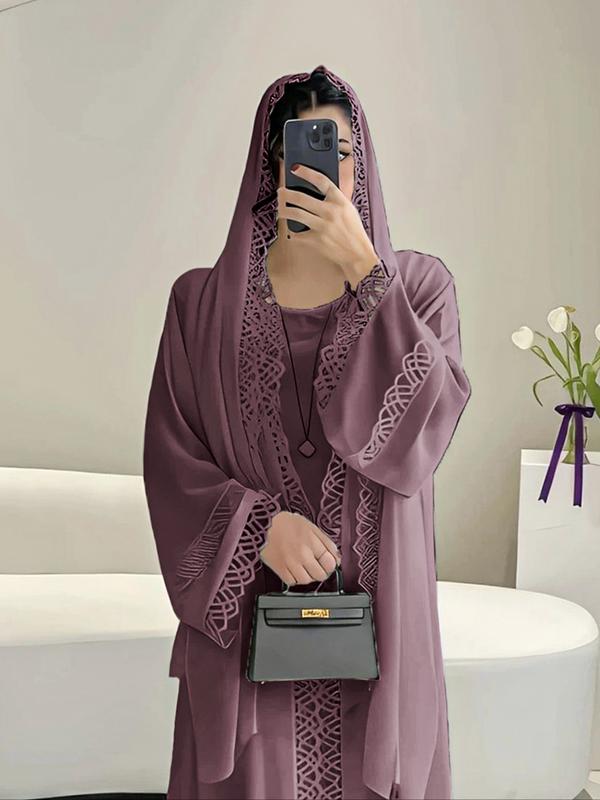 Conjunto de vestido abaya elegante y discreto para mujer con pañuelo, decoración de encaje floral, mangas amplias, diseño largo y fluido, perfecto para el Ramadán y ocasiones especiales