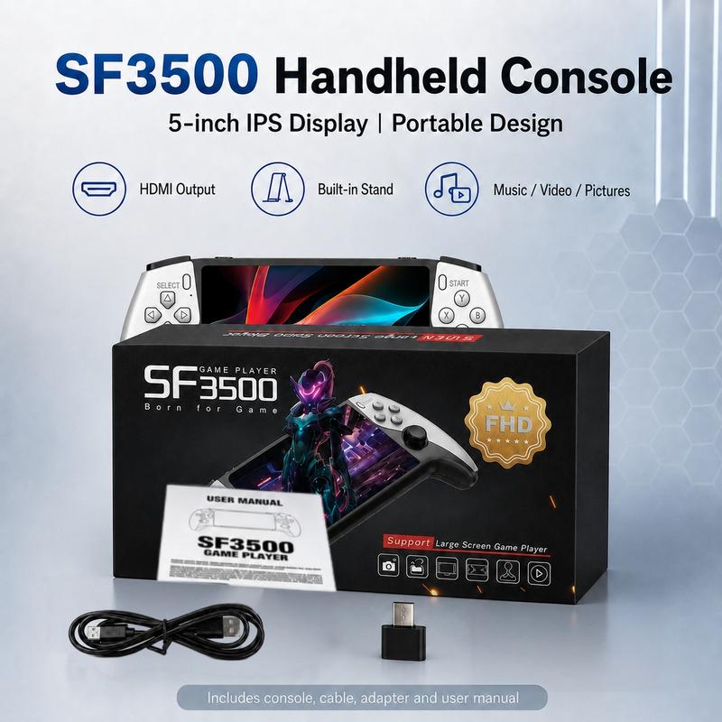 Dispositivo portátil de mano SF3500, pantalla IPS HD de 5 inch, diseño ergonómico del control remoto, salida HDMI, función de reproductor multimedia. Envío rápido, regalo ideal para cumpleaños, Halloween, Black Friday y Navidad.