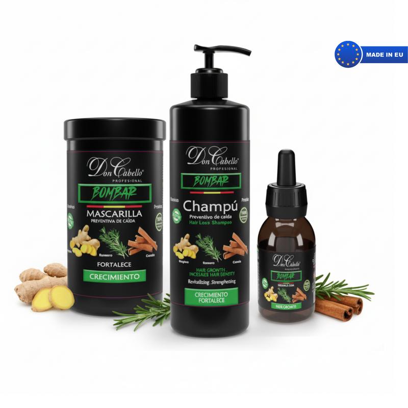Don Cabello Pack Bombar – Fortalecimiento Capilar con Champú 1000 ml, Mascarilla 1000 g y Loción 125 ml – 3 Pasos para una Melena Saludable y Fortalecida