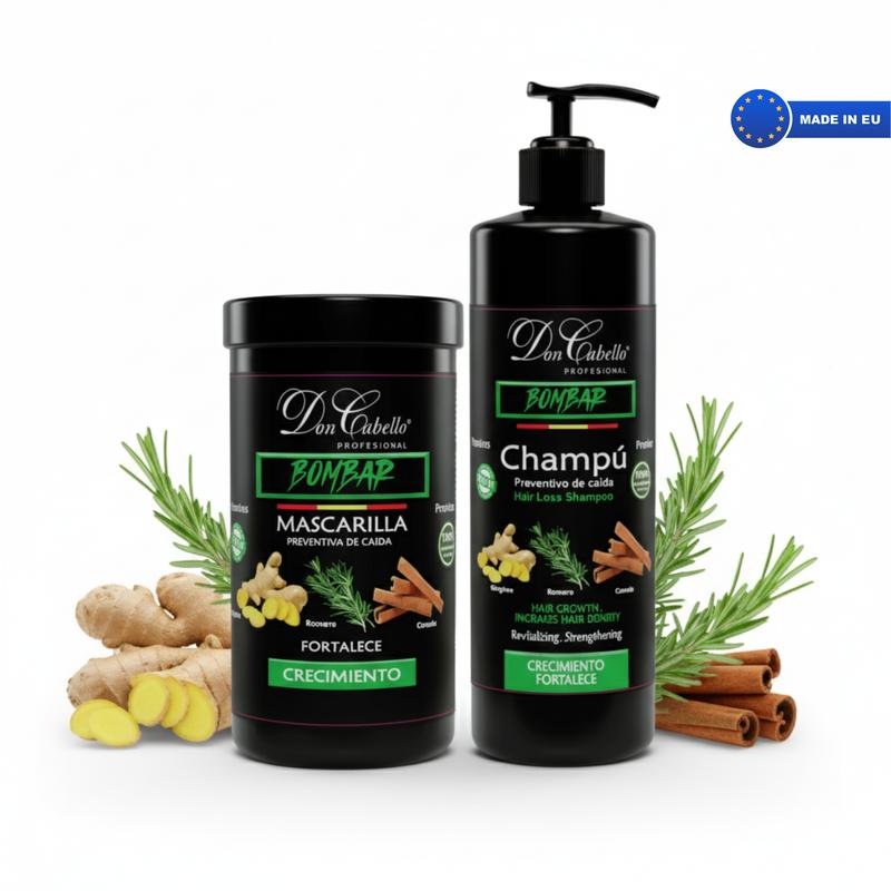 Don Cabello Pack Fortalecedor — Champú + Mascarilla con Romero, Jengibre y Canela, 2x1000ml, para Cabello Fuerte y Suave, Fabricado en la UE