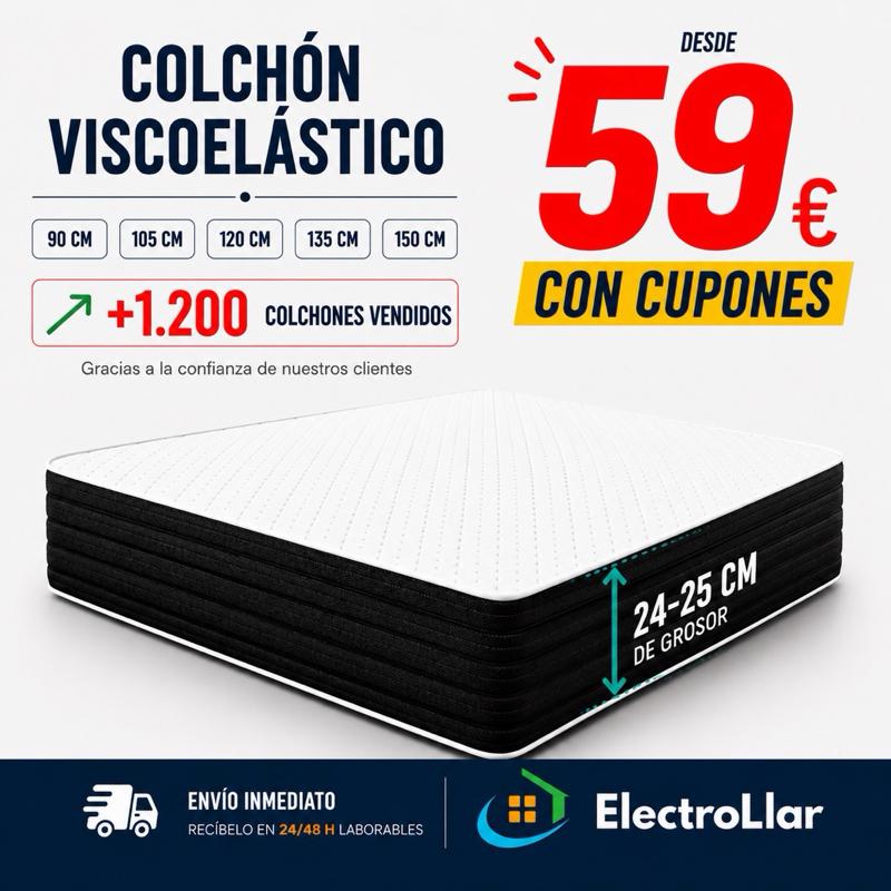 ElectroLlar Colchón Viscoelástico 25cm TOP VENTAS 90-150cm Envío Inmediato Recibelo en 24/48h Laborables
