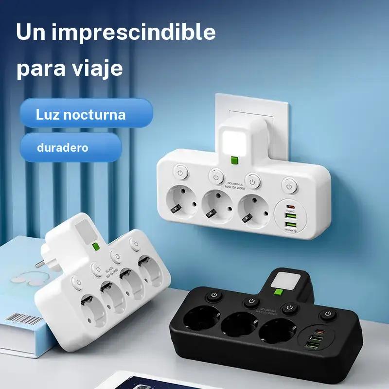 Enchufe de potencia inalámbrica con enchufe europeo, 2 puertos USB + Tipo C + 3 tomas CA, interruptor de control independiente, para dormitorio/sala/oficina y colores