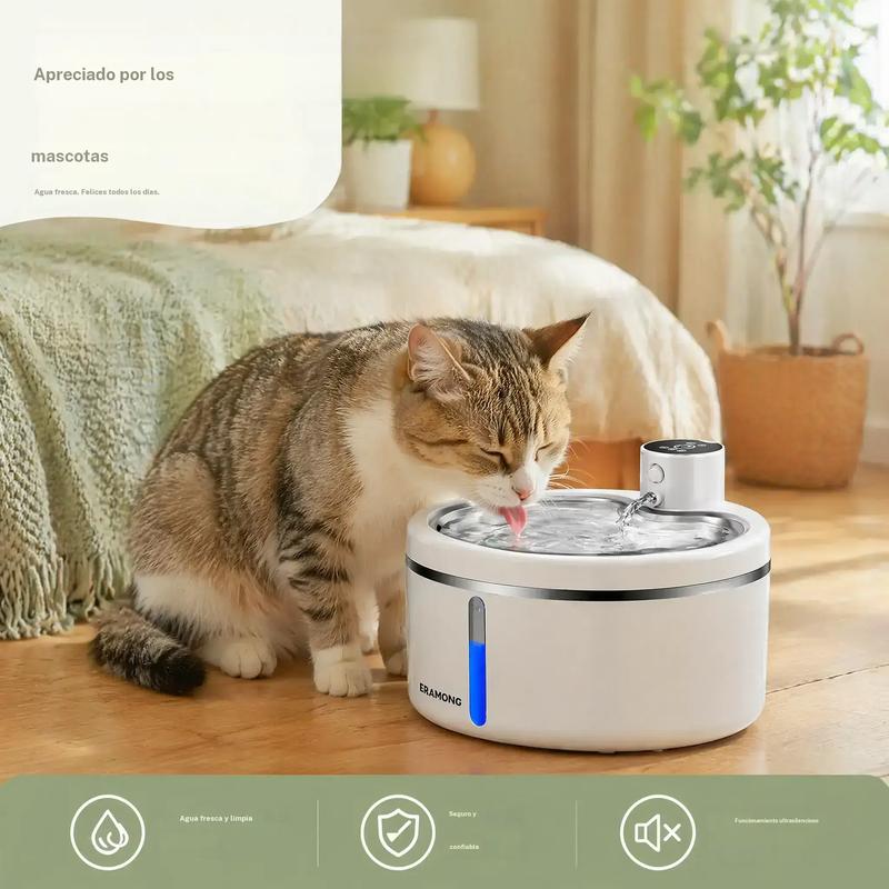 ERAMONG W03A Comedero de agua inteligente inalámbrico para gatos, dinámico, ultrasilencioso, 2,5 L / 84,54 oz, comedero automático para mascotas con sistema de filtración de cuatro capas y bomba de agua ultrasilenciosa