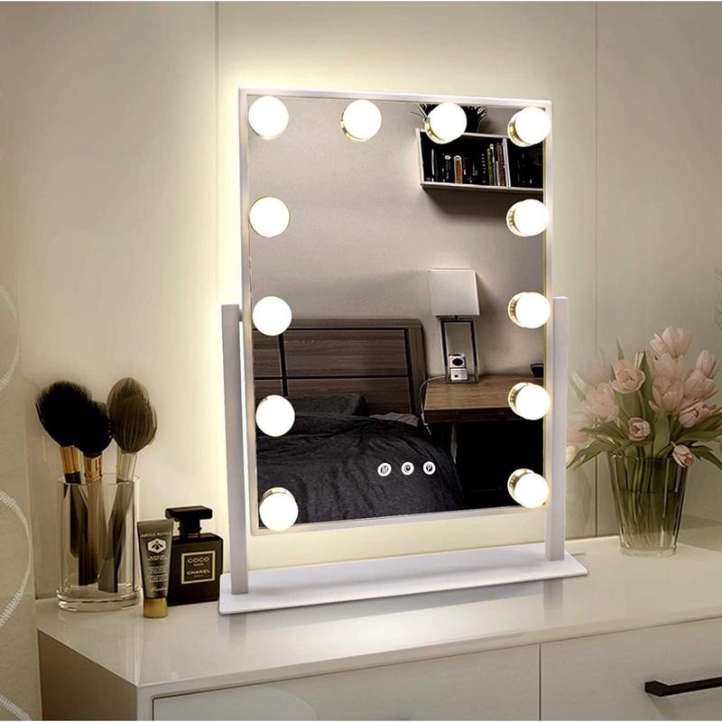 Espejo de Maquillaje con Iluminación LED: Tocador con 12 Bombillas, 3 Modos de Luz, Control Táctil, USB Espejo de Maquillaje con Aumento y Luz para Maquillaje