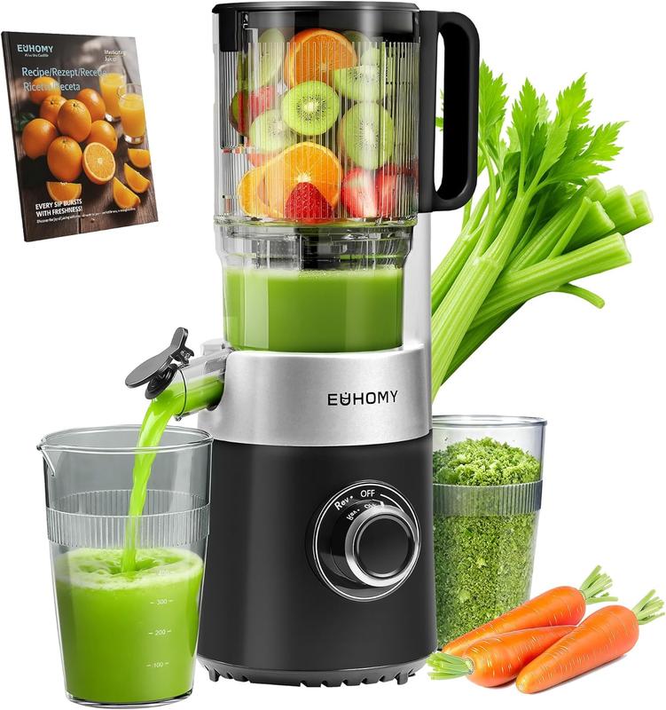 Exprimedor de jugo, exprimidor lento, ganador en pruebas de vegetales y frutas con apertura de llenado de 135 mm, capacidad de 1,8 L, 2 vasos, exprimidor eléctrico, negro/plata