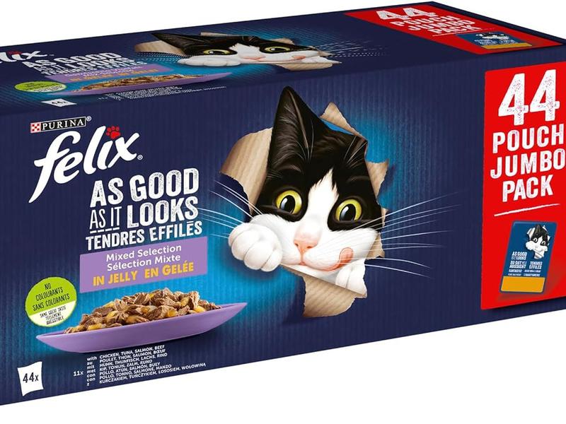 Felix Fantastic Jumbo Pack Selecciones Favoritas. Marca Purina. Comida Húmeda para Gatos Adultos en Gelatina, 44 x 85 g