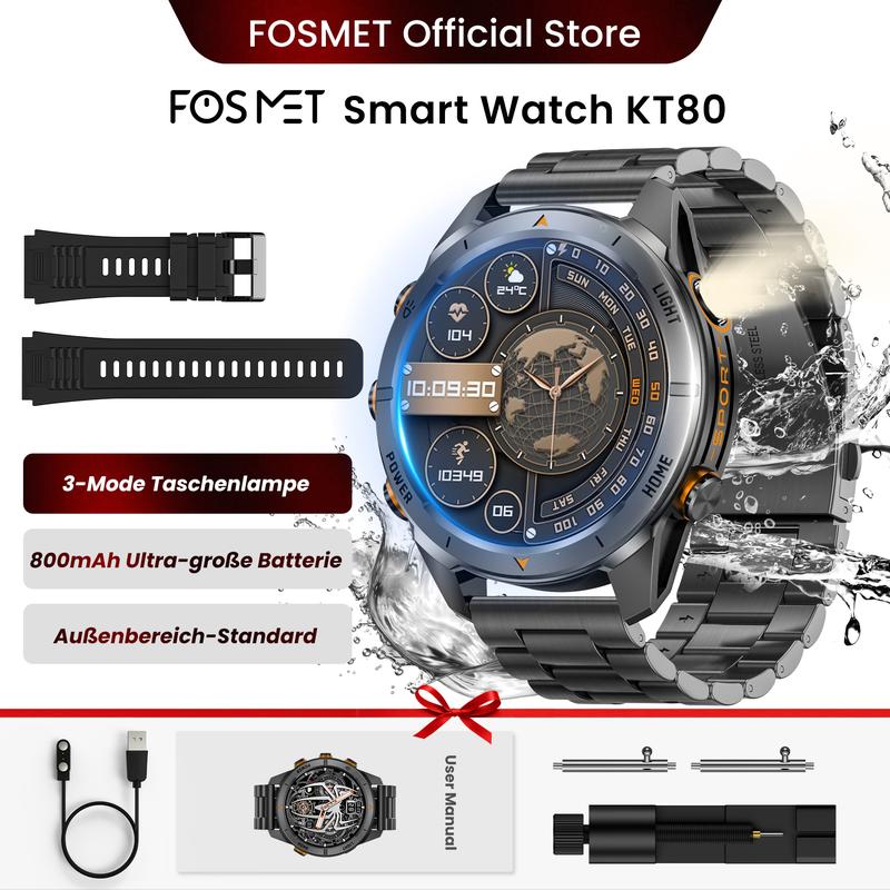 FOSMET KT80 Smartwatch hombre, resistencia IP68, llamada BT, pantalla 1.45", 10-15 días de batería, frecuencia cardíaca, sueño y más de 100 modos deportivos.