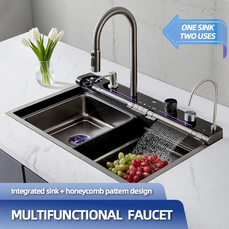 Fregadero de cocina de ultracalidad 75 x 45 cm con grifo estilo cascada de acero inoxidable negro para uso comercial y privado, incluye limpiador de alta presión, tabla de cortar y escurridor