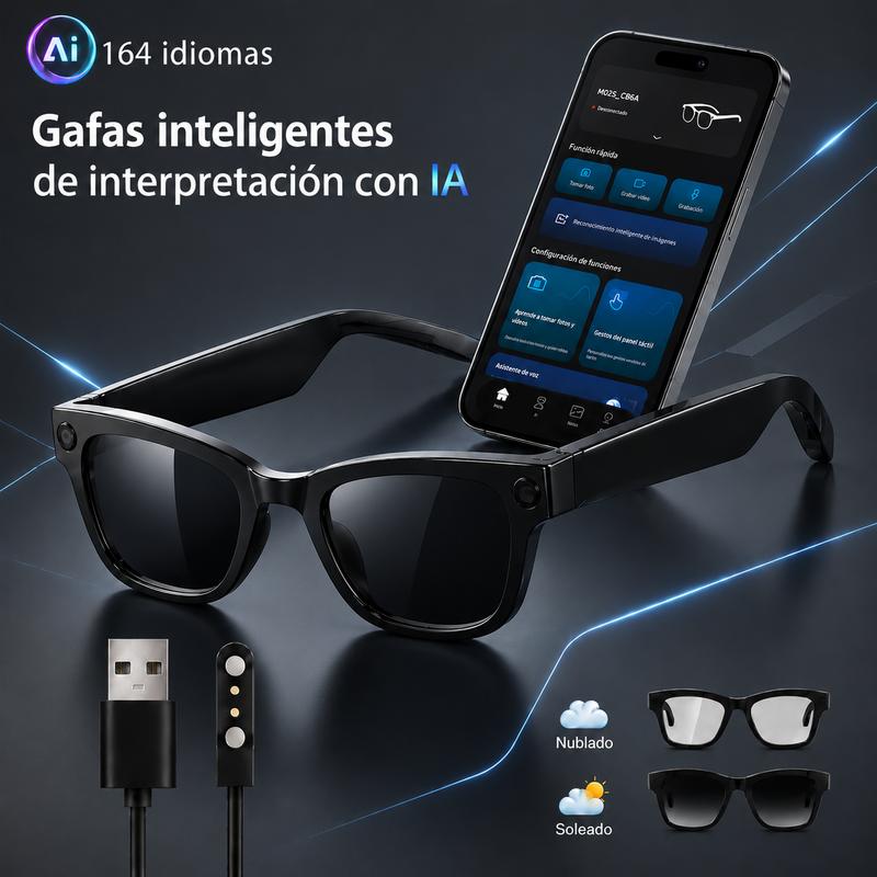 Gafas con cámara inteligente de IA con lentes fotocromáticas, cámara de 8 MP, traducción en tiempo real en más de 160 idiomas, grabación de vídeo inalámbrica por Bluetooth y protección UV. Fotografía manos libres y diseño portátil para viajes y actividade