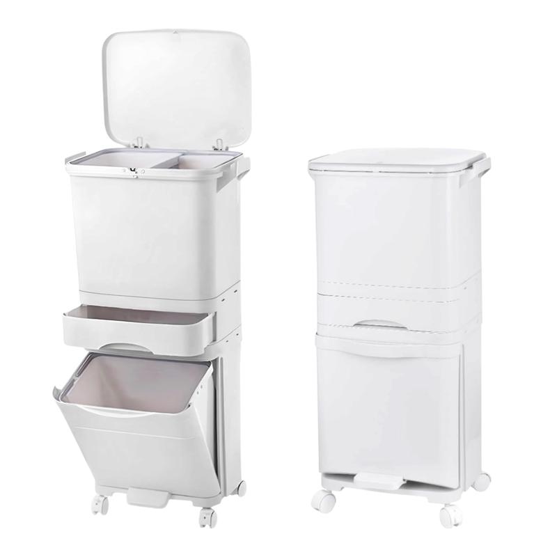 Genérico Cubo de basura de cocina de 43.2 L con 3 compartimentos, cubo de reciclaje grande de pp, sistemas de separación de residuos, cubo de basura con pedal, tapa con ruedas y asa para cocina 43.2L (24L+5.2L+14L)