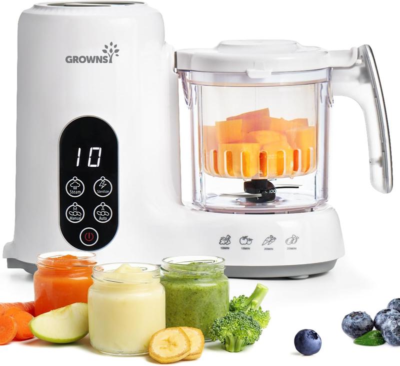 Grownsy preparador de comida para bebés con cesta de vapor – cocedor al vapor, batidora y esterilizador en un solo dispositivo, sin BPA, para una alimentación casera saludable para bebé, sin BPA