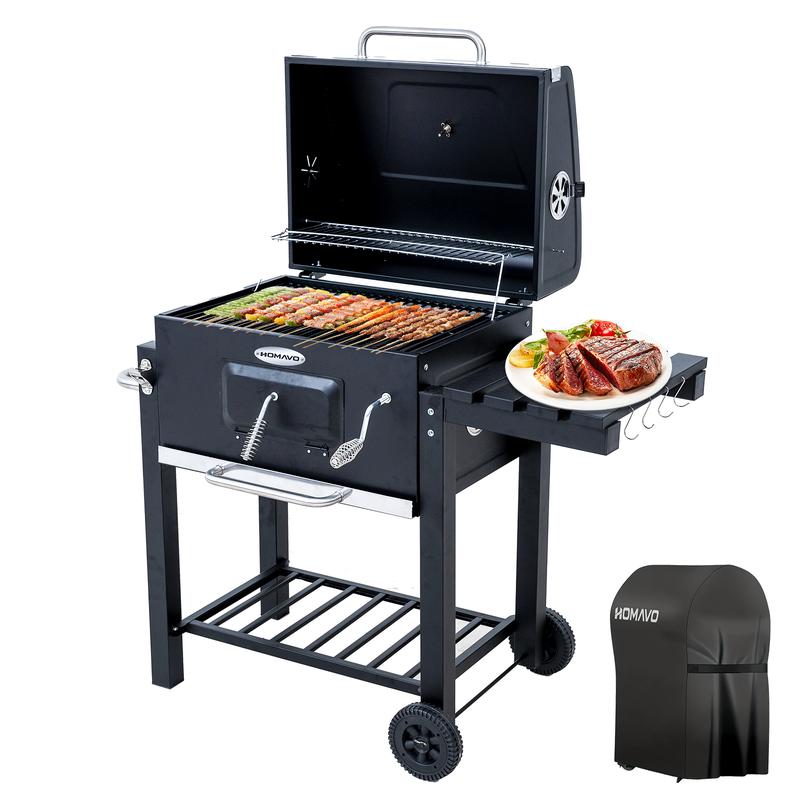 HOMAVO parrilla de carbón con tapa, superficie de cocción: 56 × 42,5 cm, bandeja de carbón ajustable en al., mesa lateral plegable, incluye cubiertas impermeables para parrilla
