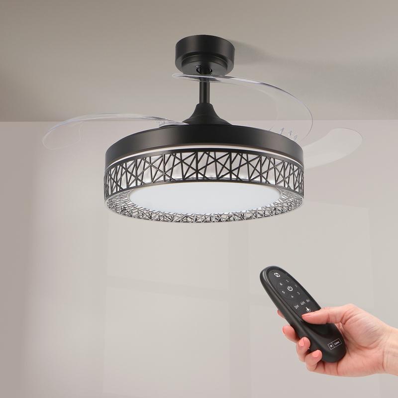 Iluminashop - Ventilador de Techo LED BLACK Quarz 66W ø107 cm con Mando a Distancia, Aspas Rectráctiles, Luz regulable, 6 Velocidades y 4 Aspas Desplegables para Uso Verano e Invierno