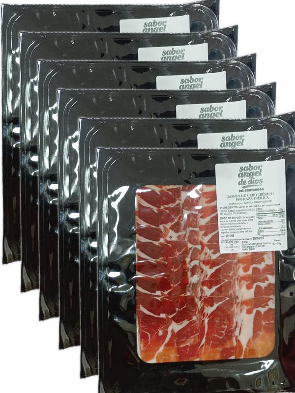 Jamon de Cebo Iberico 50% Raza Iberica 100gr Aprox. - SABOR ANGEL DE DIOS - 6 sobres, TOTAL 600gr.