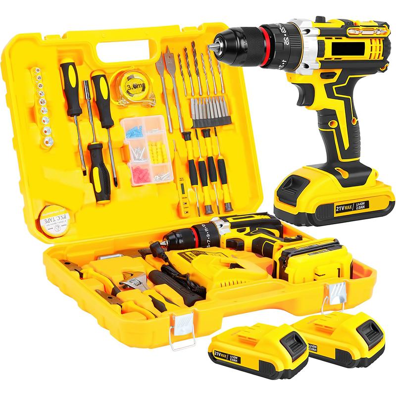 Juego de 120 piezas, taladro eléctrico inalámbrico de 21 V, taladro de alto torque de 45 N·m, portabrocas metálico con múltiples ajustes, dos baterías de litio de 2,0 Ah con carga rápida, juego de herramientas para el hogar.