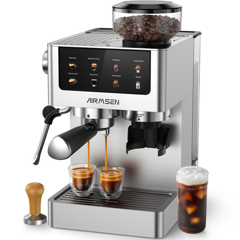 Máquina de espresso para el hogar con 20 bares y molino, 1350 W, pantalla táctil a color, espumador de leche con varilla de vapor, espresso de prensa fría, dispositivo con volumen de café ajustable, desde grano hasta taza, para el hogar