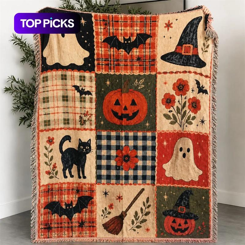 Manta tejida estilo patchwork de Halloween con borlas, manta para cama, también como cubierta para sofá, manta decorativa para sofá, tapete para sillón, decoración del hogar, arte mural para la pared, tapicería, funda para muebles, mantel, chal, hippie