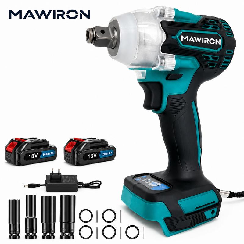 MAWIRON atornillador percutor a batería para baterías Makita de 18 V, cabeza de 1/2 inch, par de 320 Nm, 3300 U/min, 3 velocidades, 2 baterías, 4 llaves hexagonales para neumáticos de automóvil, camiones, caravanas y cortacésped - niveles de velocidad