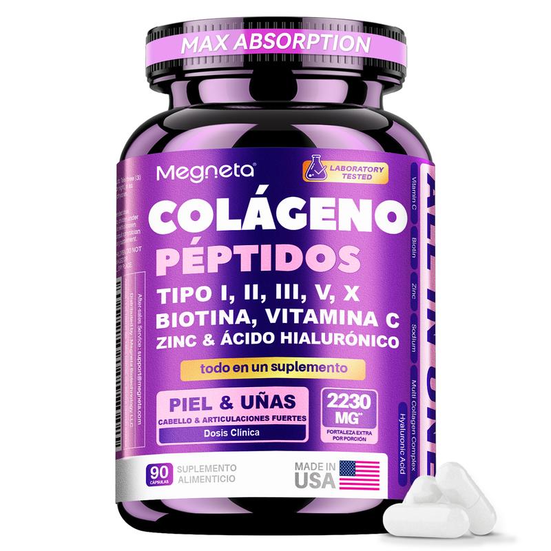 Megneta Complejo de 5 Tipos de Péptidos de Colágeno 2200mg - Péptidos de Proteína Hidrolizada (Tipos I, II, III, V, X) con Ácido Hialurónico, Zinc y Vitamina C - Apoya la Piel, Articulaciones, Cabello y Uñas
