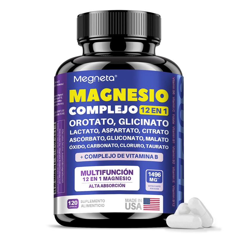 Megneta Magnesio Complex 12-en-1 | 120 Cápsulas | Citrato + Glicinato+Malato| Fórmula de Magnesio de Alta Calidad para Uso Diario