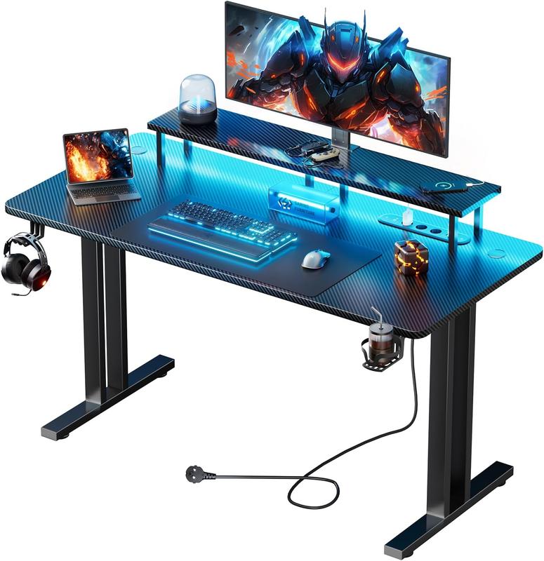 Mesa gaming con LED, mesa de set de 120 x 60 cm con 3 enchufes y 2 puertos USB, mesa para gamer con soporte para monitor, mesa de computadora estable para gaming y oficina, negro