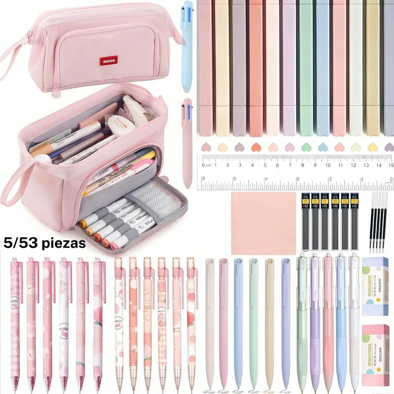 Morandi, conjunto de útiles escolares estéticos de 53 piezas con estuche para lápices, resaltadores en 12 colores pastel, 11 bolígrafos de gel, portaminas de 0,5 mm con recambios de grafito, conjunto de material escolar para regreso a clases.