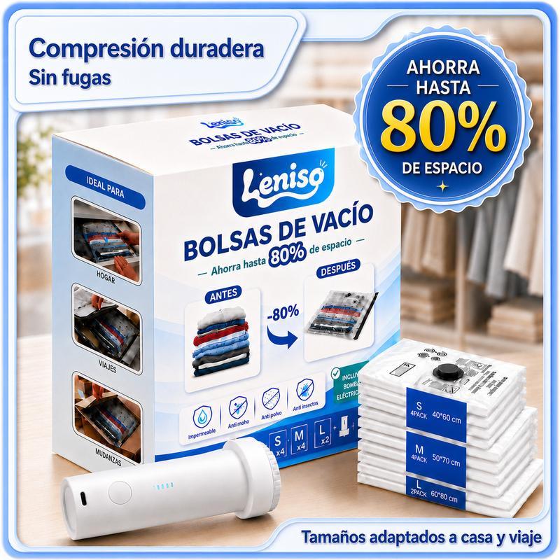 Oferta Vuelta al Cole | Leniso AirZip 10PCS Bolsas al Vacío con Bomba Eléctrica Recargable USB-C, Ahorra 80% de Espacio, S/M/L, Sellado Hermético, Sin Fugas, Reutilizables para Ropa, Edredones, Armario, Maleta, Viaje, Mudanza, Dormitorio y Hogar