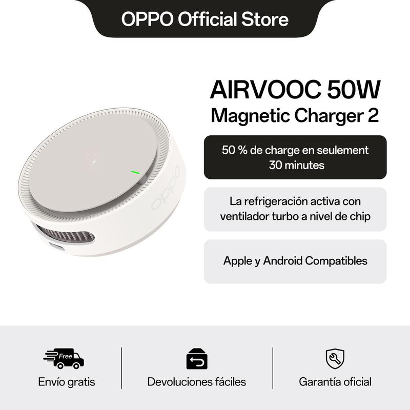 OPPO AIRVOOC 50W Cargador Inalámbrico Magnético Gen 2, 3 Modos de Trabajo (Carga Rápida + Silencioso + Solo Refrigeración), Sistema de Refrigeración Activa con Ventilador, Base de Escritorio 360° Incluida, Tipo-C, Compatible con iOS y Android – Grey