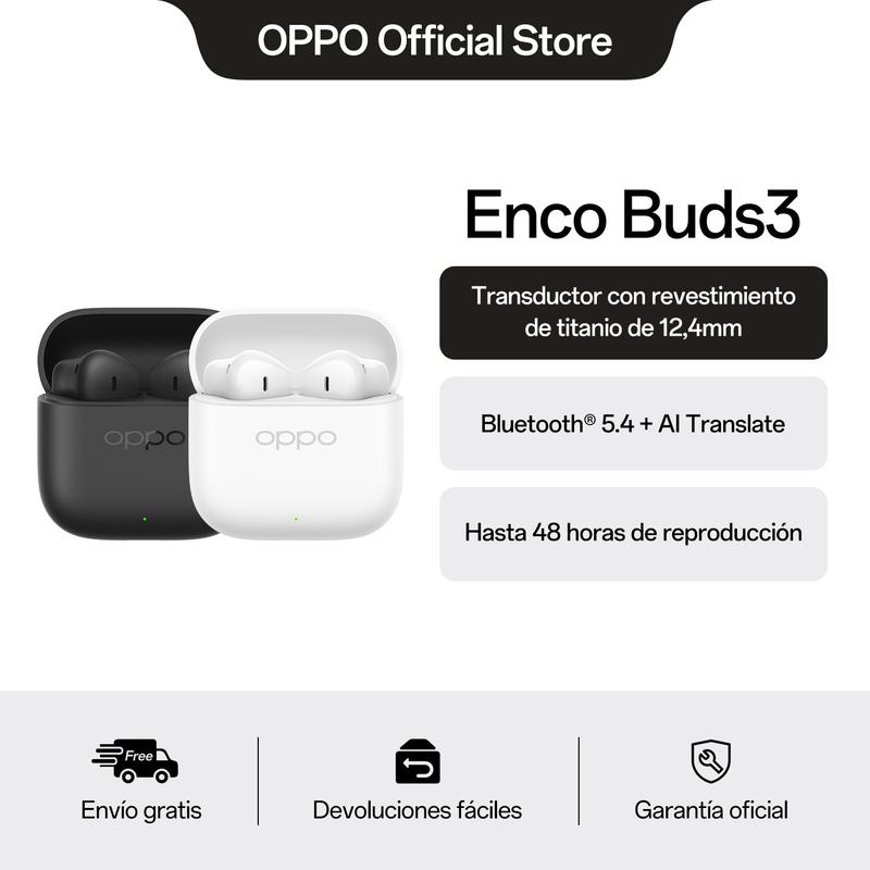 OPPO Enco Buds3 – Auriculares inalámbricos Bluetooth 5.4, 48 h de batería, cancelación de Ruido por IA, diafragma 12,4 mm, IP55, Baja latencia 47 ms, Control táctil, Sonido 3D