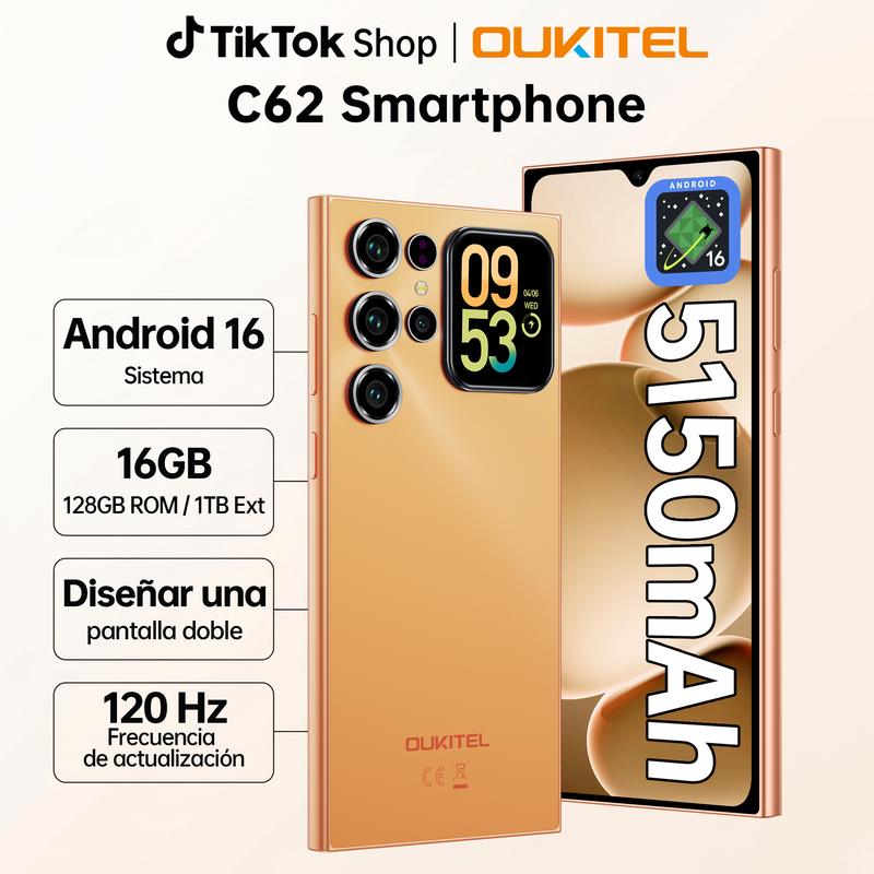 OUKITEL C62 Teléfono móvil，Pantalla trasera inteligente de 1.81"，16(4+12) GB + 128 GB/1 TB, Android 16 Smartphone Octa Core, 6.88" HD+ 120Hz, Batería de 5150 mAh, 13 MP + 5 MP, Doble SIM 4G/GPS/huella dactilar.