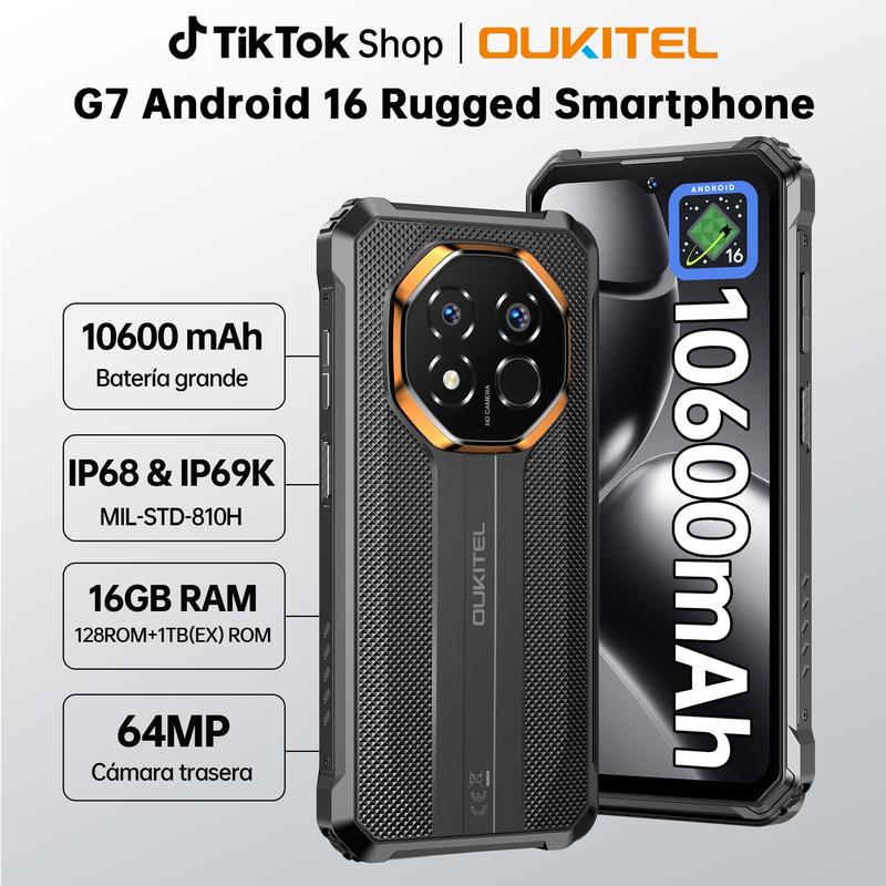 OUKITEL G7 Móvil Rugerizado 10600 mAh Batería Larga Duración Smartphone Irrompible 128GB ROM Android 16 Pantalla 90Hz Cámara 50MP NFC Móvil para Trabajo Duro y Exterior Resistente Agua y Caídas IP68/IP69K