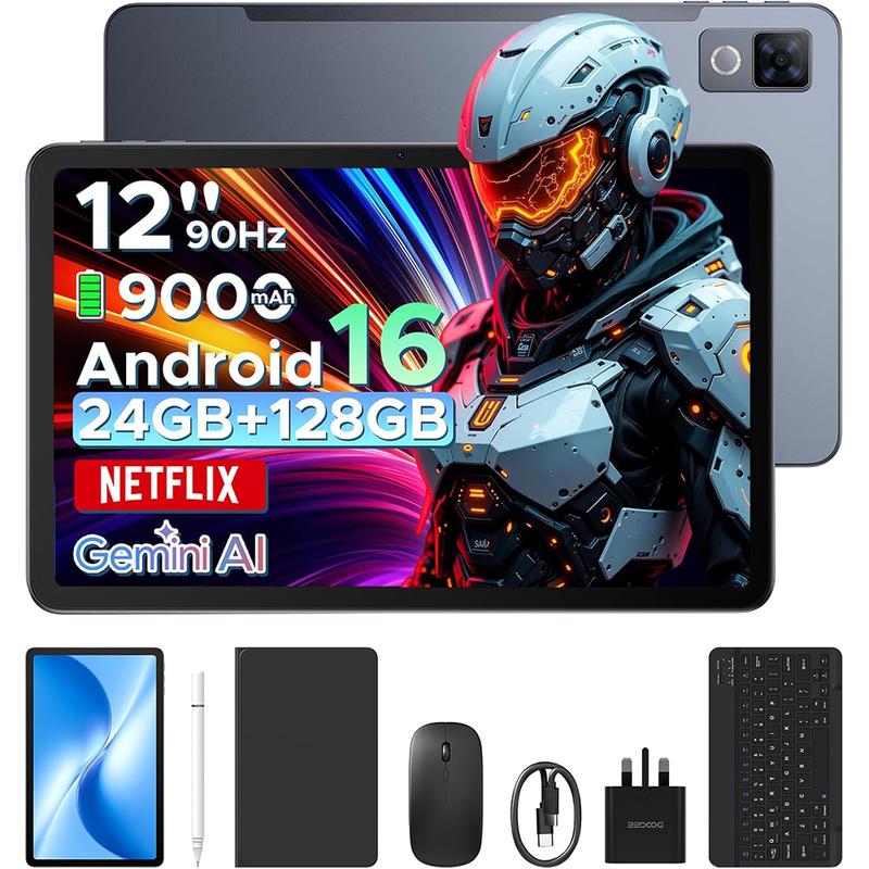 P12 Tablets Android 16, 120Hz 2.4K Tablet 12 pulgadas con Gemini AI, 48GB+128GB/2TB, Unisoc T7280 Octa-Core, 10000mAh, 13MP+8MP, Face ID, Widevine L1, Auriculares 3.5 mm, teclado, lapiz