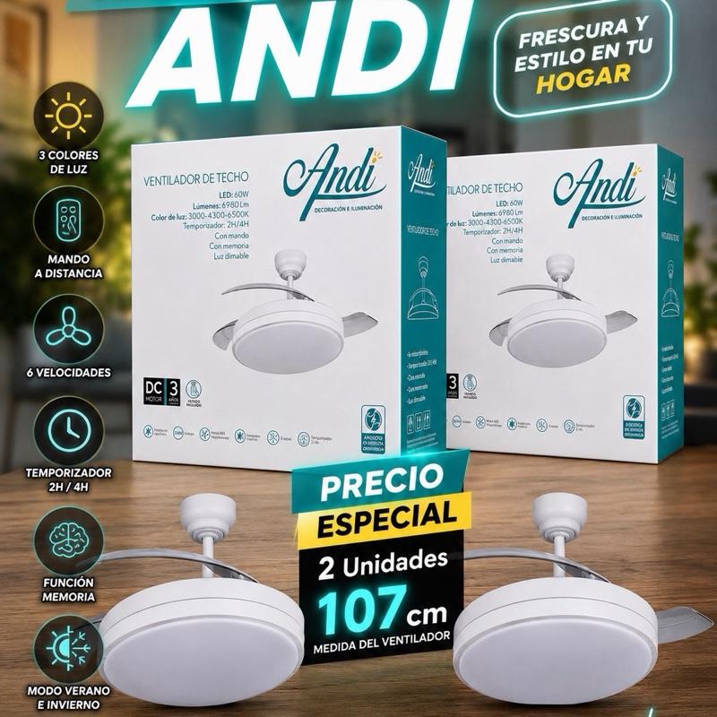 PACK 2 UNIDADES VENTILADOR ANDI, 107CM ASPAS DESPLEGADAS, 60W LED, 30W MOTOR, MANDO A DISTANCIA, FUNCION VERANO/INVIERNO, TEMPORIZADOR, MODO BRISA, MODO NOCHE, 3CTTS DIMABLE.