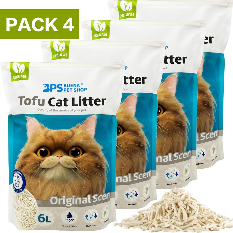 Pack de 4 Bolsas - BPS Arena de Tofu para Gatos - Sin Polvo Fácil de Aglomerar y Controla Olores - Biodegradable y Segura para Gatitos