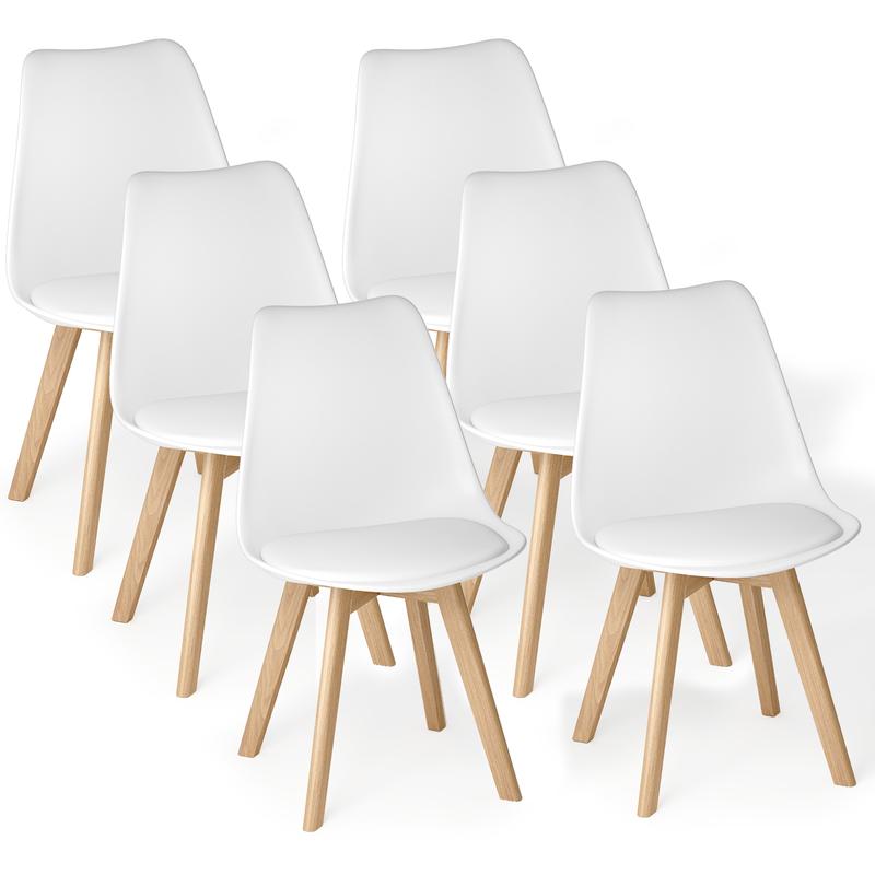Pack de 6 Sillas de Comedor Acolchadas, Diseño Nórdico Tipo Tulipán, Carcasa de Polipropileno con Cojín de Polipiel y Patas de Madera de Haya