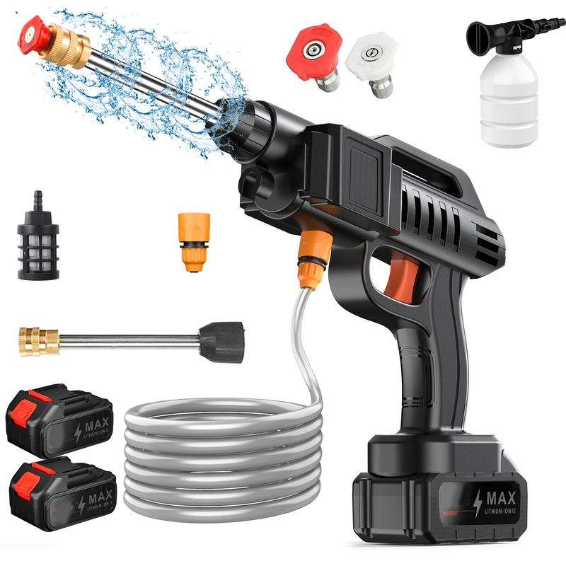 Pistola de lavado de coches portátil de alta presión (1500 W, 50 bares) con batería y dispensador de espuma; hidrolimpiadora inalámbrica.