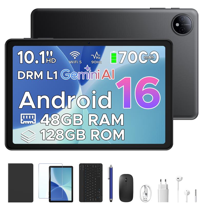POCKAM P10 Tablet 10 Pulgadas, 48GB RAM+128GB ROM, Tablet Android 16 con Gemini AI, 7000mAh, Unisoc T310 Quad-Core, 90Hz, 8MP+5MP, Altavoces Duales, Auriculares, Tablet con Teclado, Lapiz